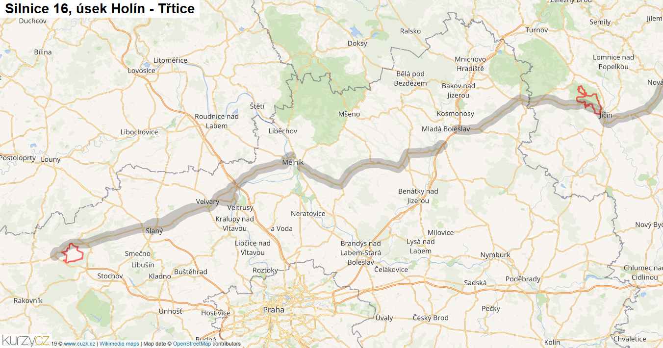 Úsek Holín - Třtice, Silnice 16 - Mapa