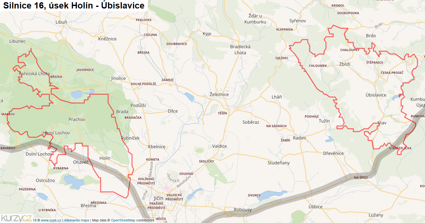 Úsek Holín - Úbislavice, Silnice 16 - Mapa