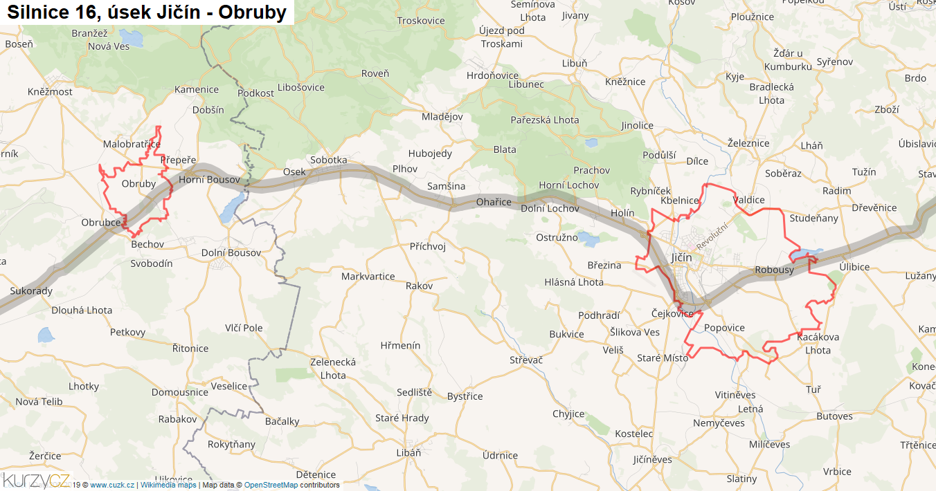 Úsek Jičín - Obruby, Silnice 16 - Mapa