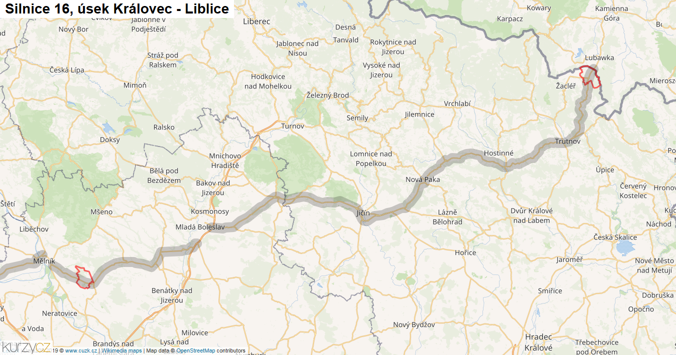Úsek Královec - Liblice, Silnice 16 - Mapa