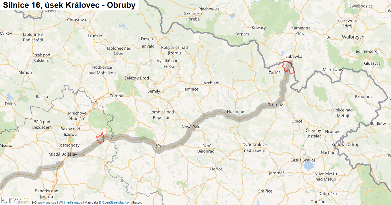 Úsek Královec - Obruby, Silnice 16 - Mapa