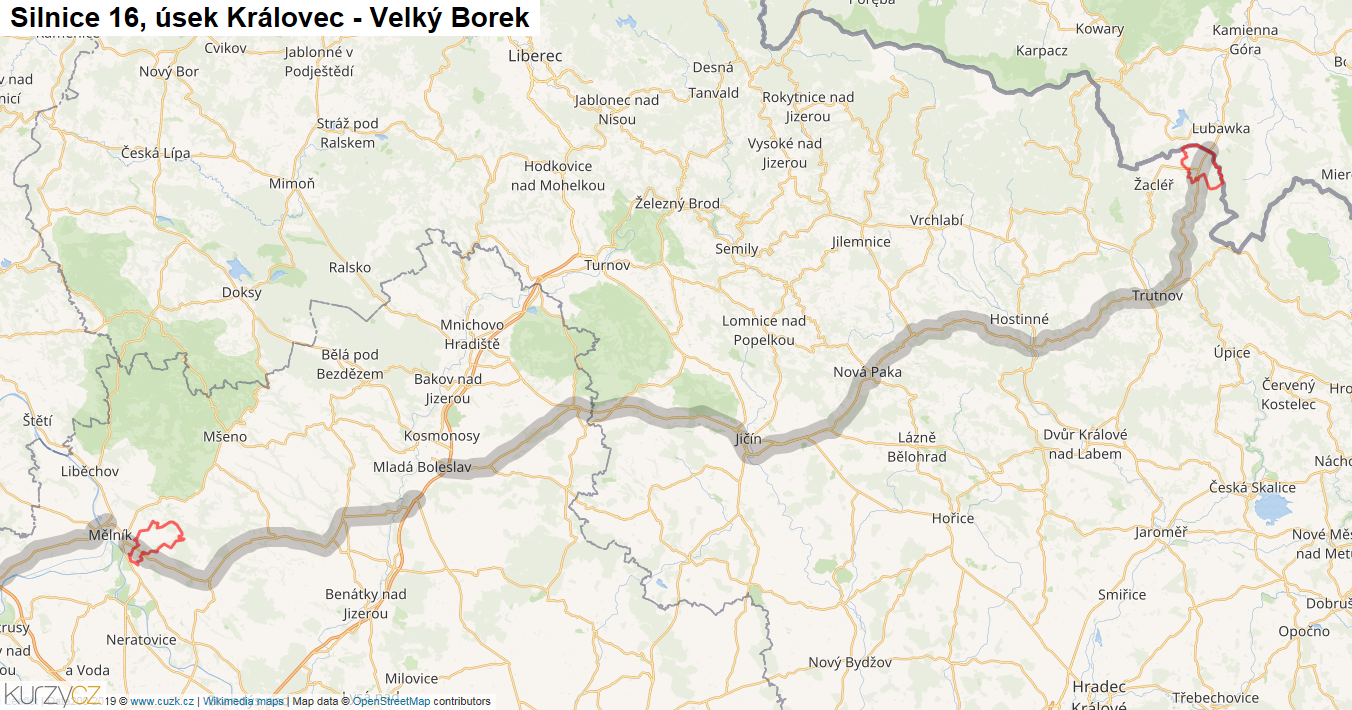 Úsek Královec - Velký Borek, Silnice 16 - Mapa
