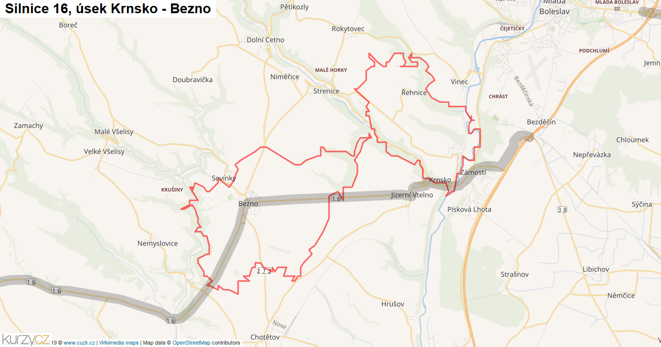 Úsek Krnsko - Bezno, Silnice 16 - Mapa