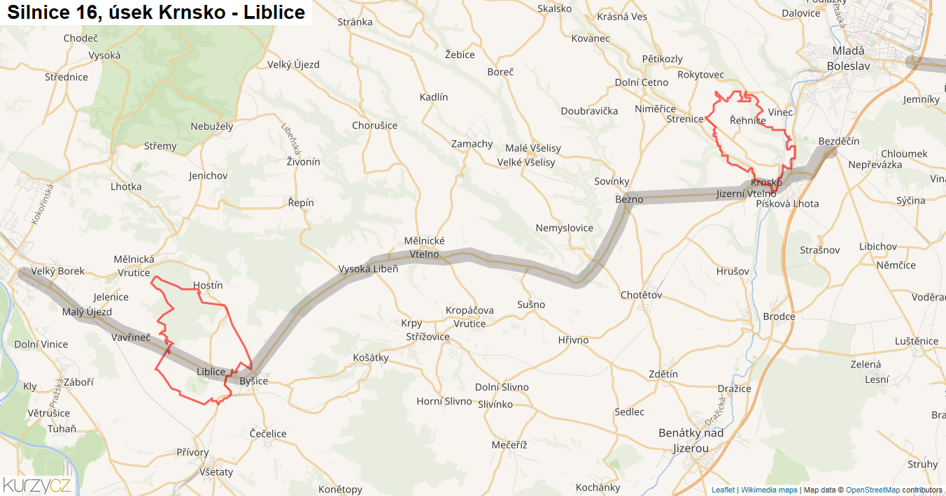 Úsek Krnsko - Liblice, Silnice 16 - Mapa