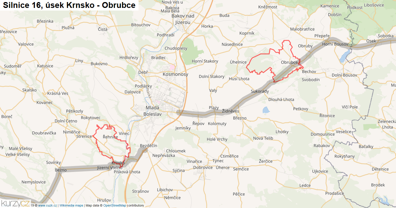 Úsek Krnsko - Obrubce, Silnice 16 - Mapa