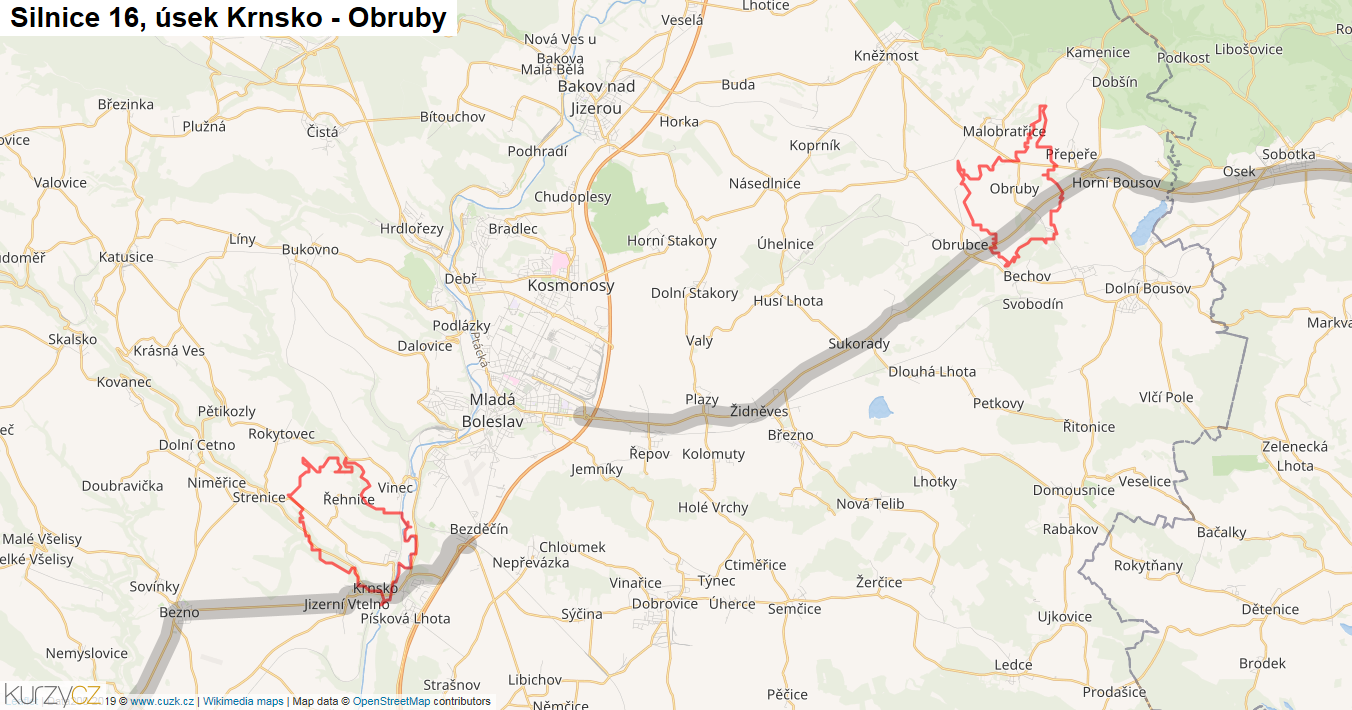 Úsek Krnsko - Obruby, Silnice 16 - Mapa