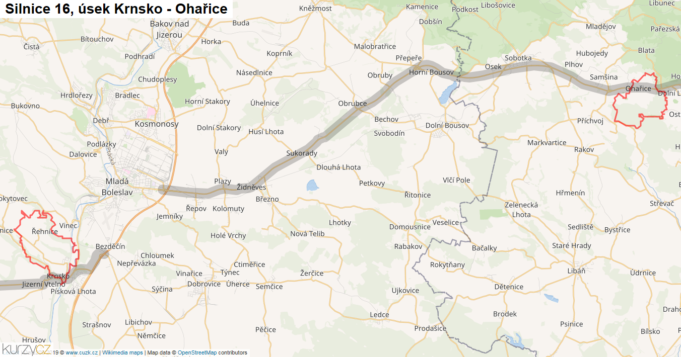 Úsek Krnsko - Ohařice, Silnice 16 - Mapa