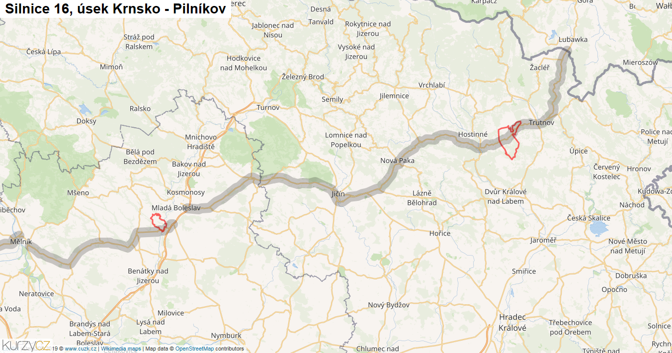Úsek Krnsko - Pilníkov, Silnice 16 - Mapa