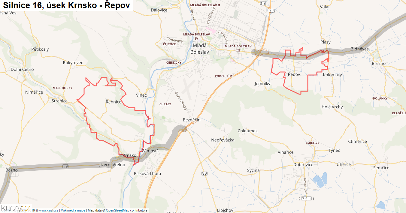 Úsek Krnsko - Řepov, Silnice 16 - Mapa