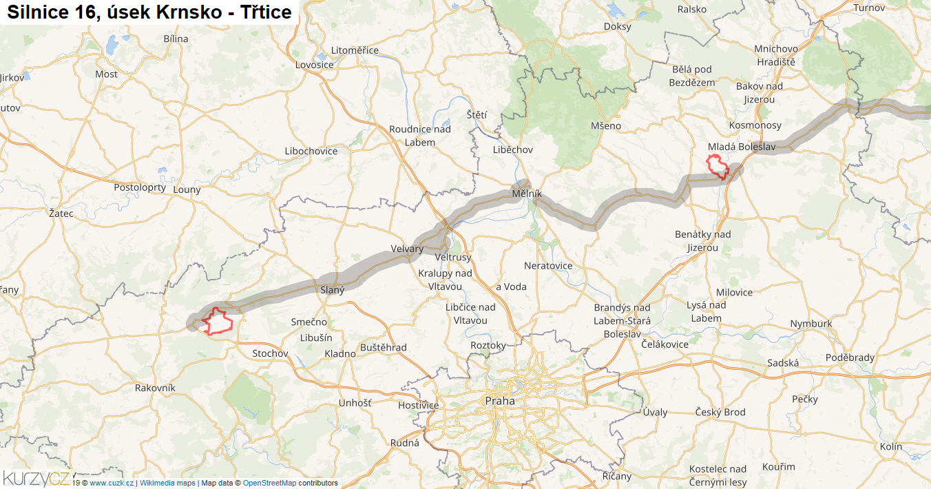 Úsek Krnsko - Třtice, Silnice 16 - Mapa