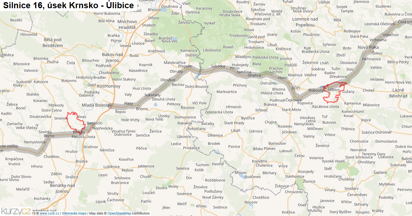 Úsek Krnsko - Úlibice, Silnice 16 - Mapa