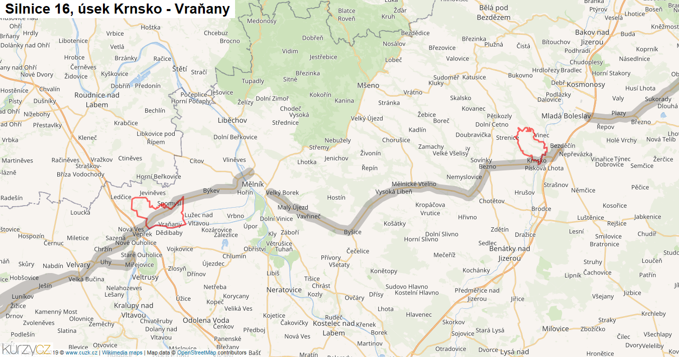 Úsek Krnsko - Vraňany, Silnice 16 - Mapa