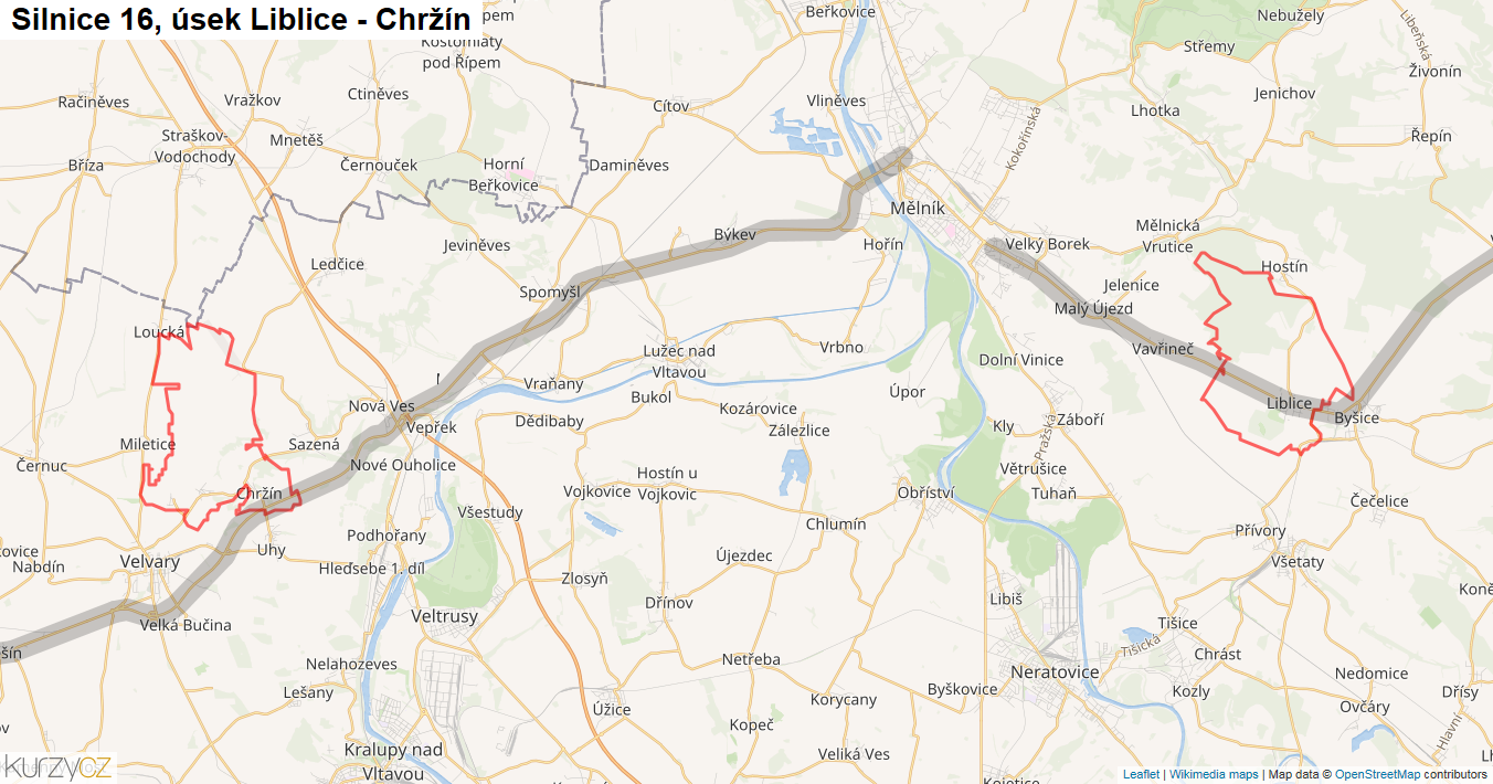 Úsek Liblice - Chržín, Silnice 16 - Mapa