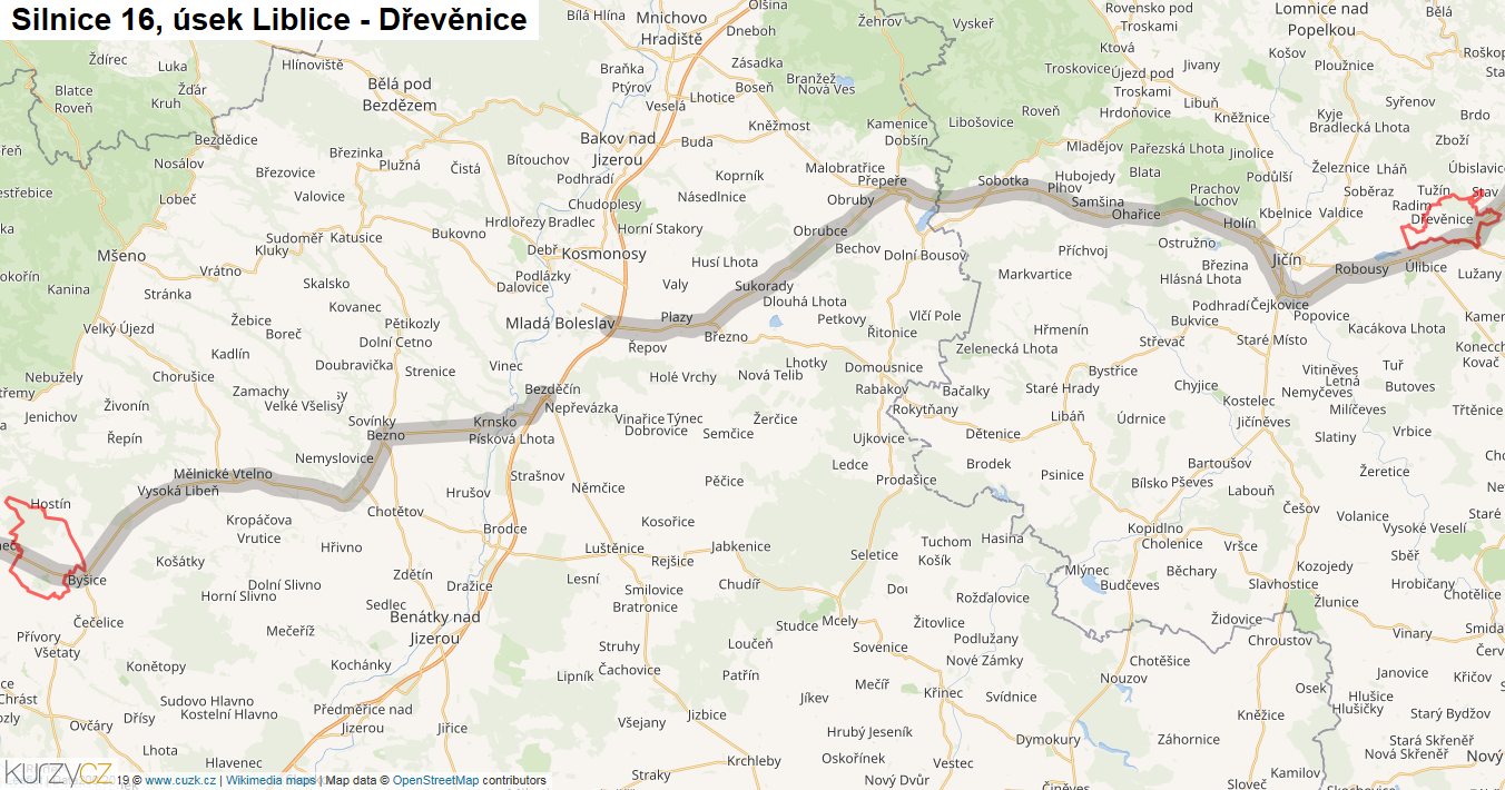 Úsek Liblice - Dřevěnice, Silnice 16 - Mapa