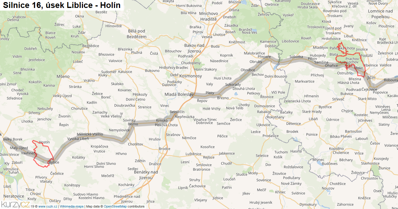 Úsek Liblice - Holín, Silnice 16 - Mapa