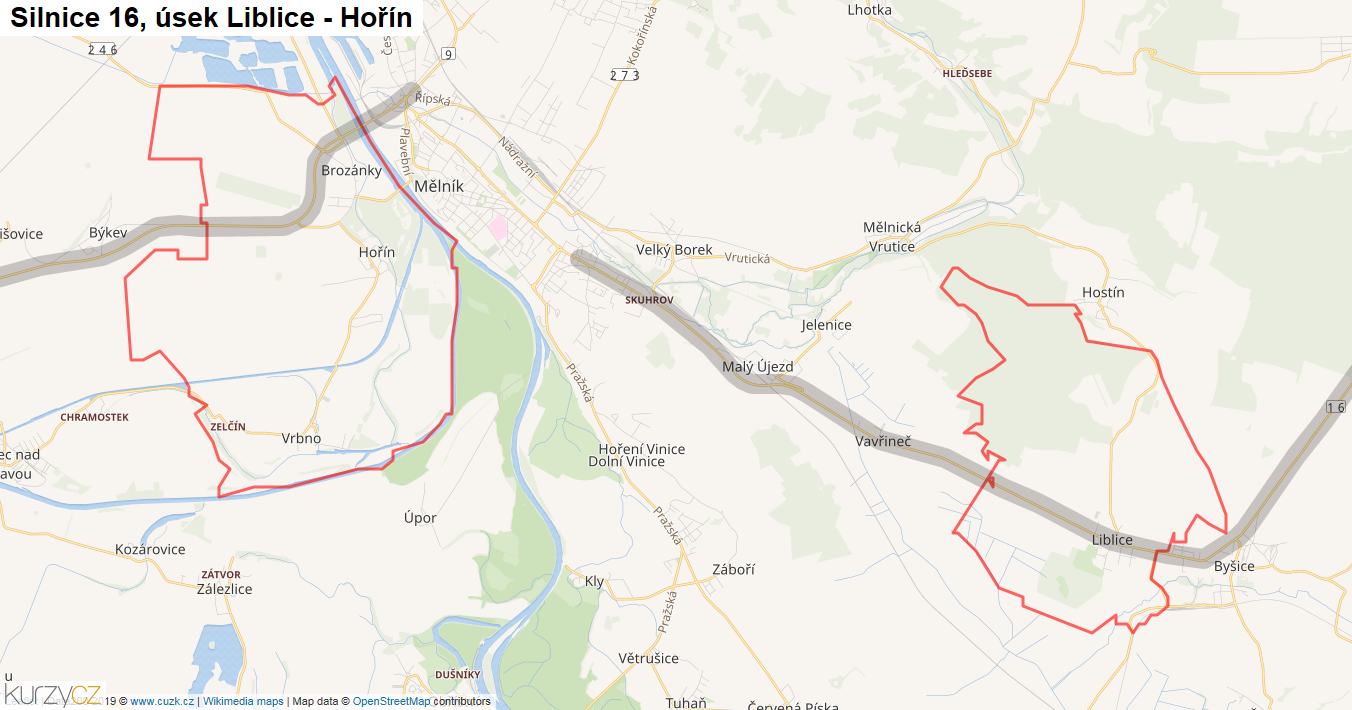 Úsek Liblice - Hořín, Silnice 16 - Mapa