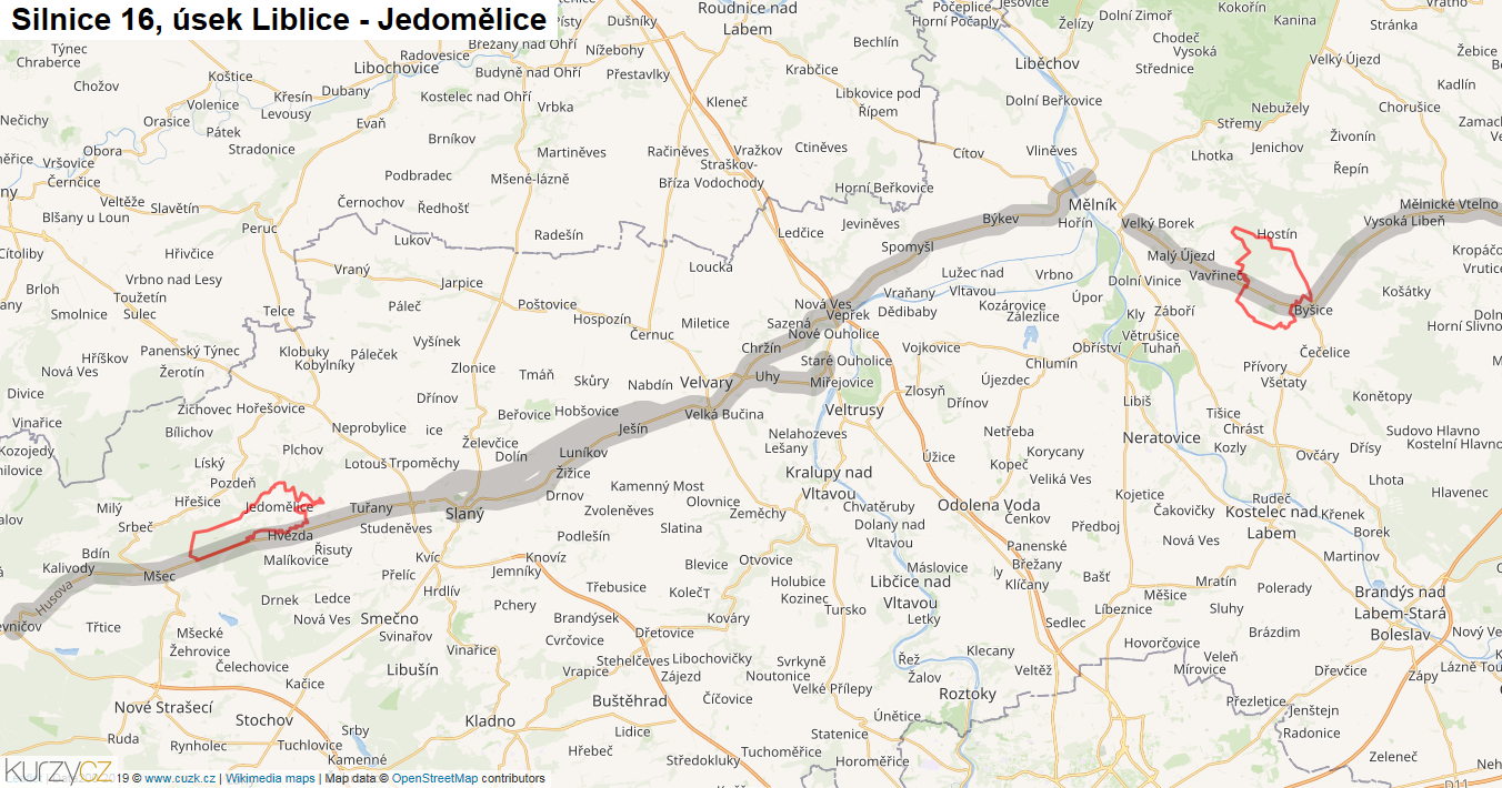 Úsek Liblice - Jedomělice, Silnice 16 - Mapa