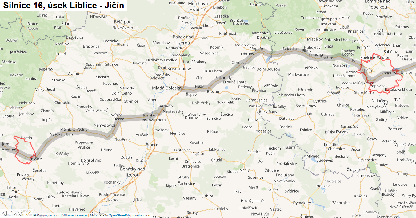 Úsek Liblice - Jičín, Silnice 16 - Mapa