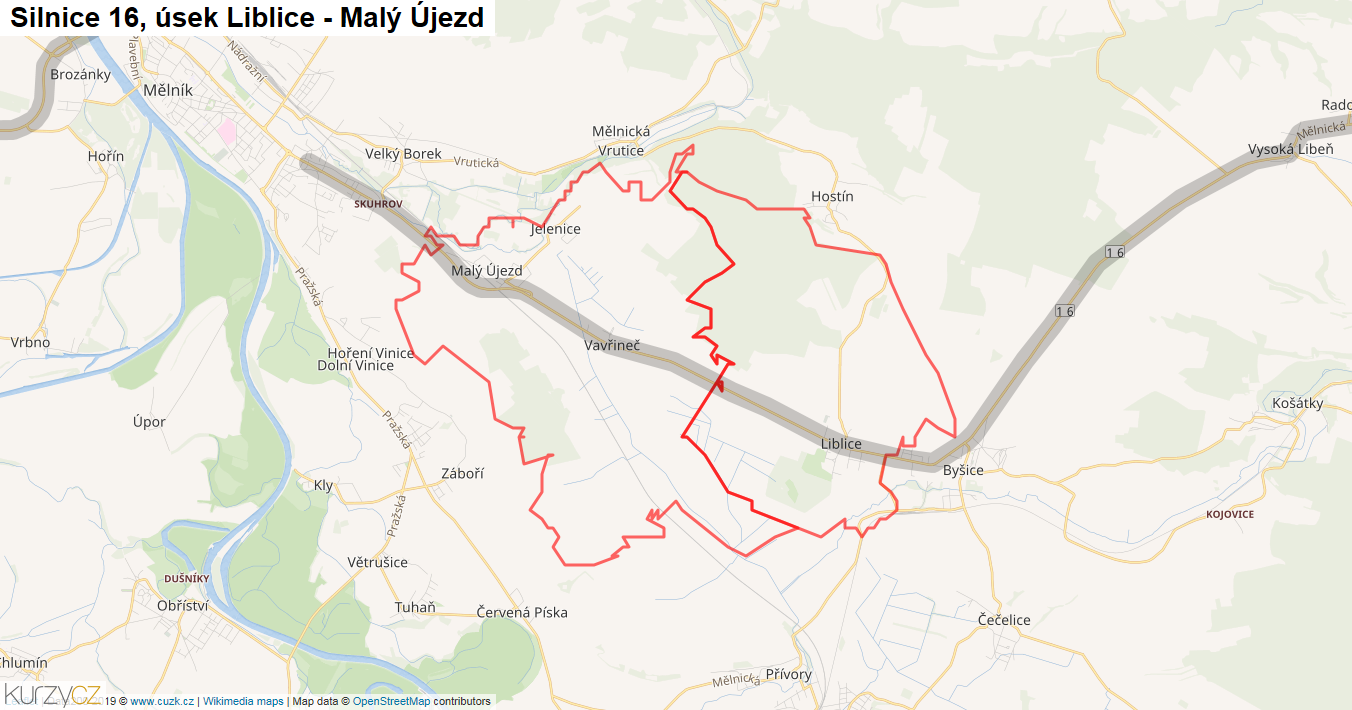 Úsek Liblice - Malý Újezd, Silnice 16 - Mapa