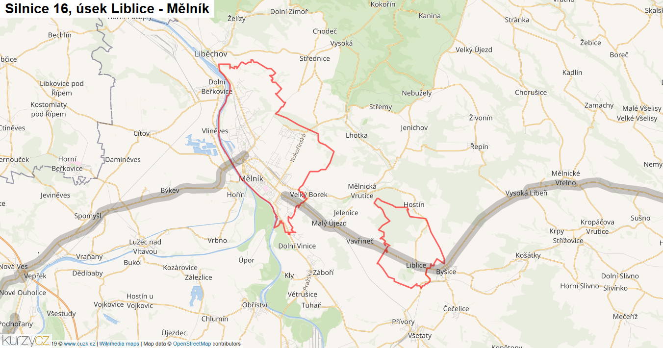 Úsek Liblice - Mělník, Silnice 16 - Mapa
