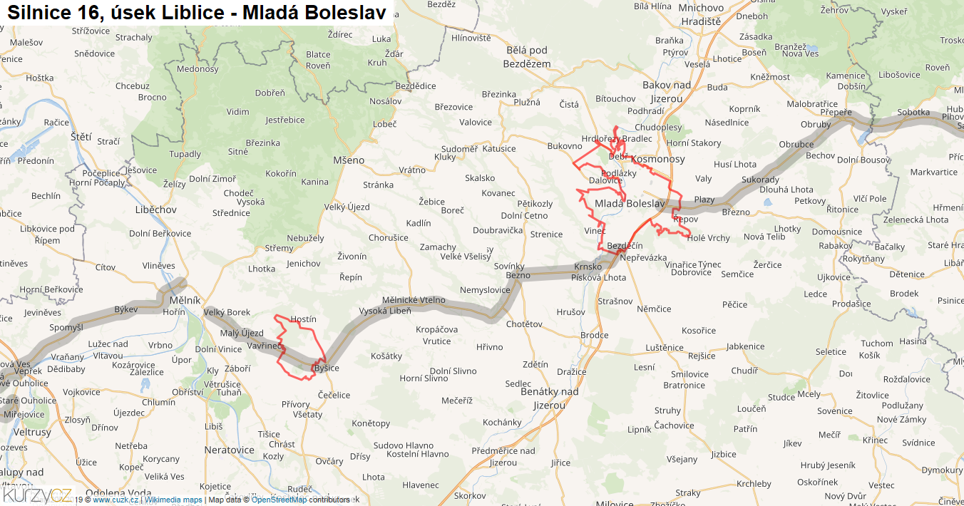 Úsek Liblice - Mladá Boleslav, Silnice 16 - Mapa