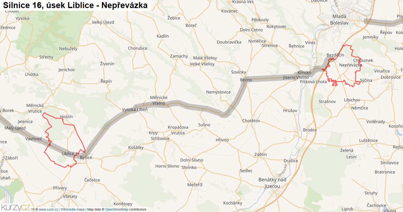 Úsek Liblice - Nepřevázka, Silnice 16 - Mapa