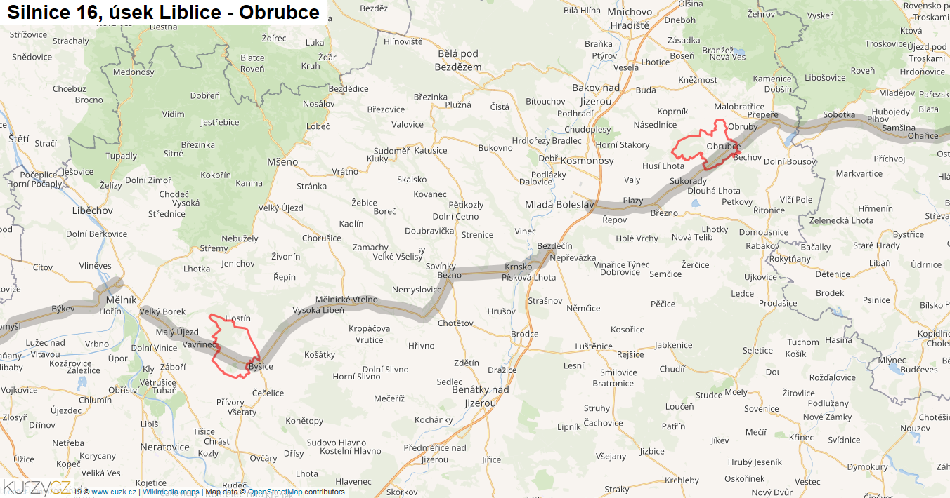 Úsek Liblice - Obrubce, Silnice 16 - Mapa