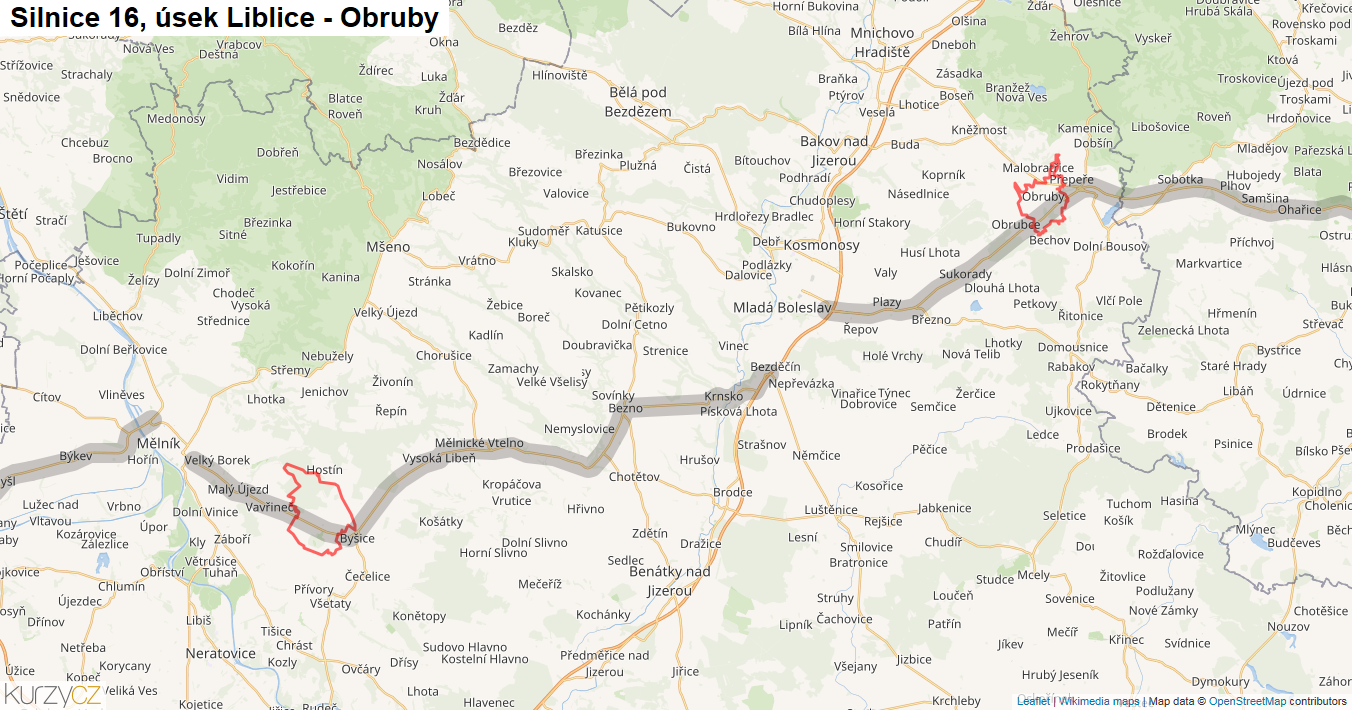 Úsek Liblice - Obruby, Silnice 16 - Mapa