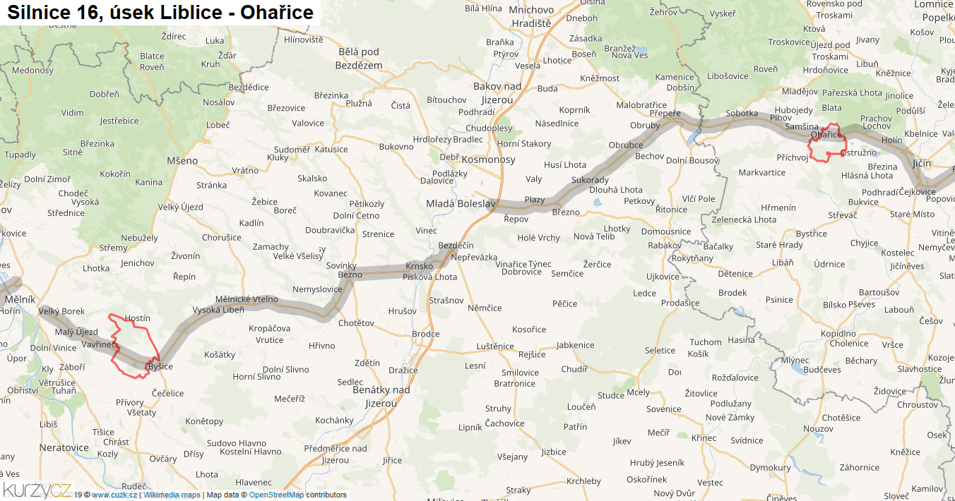 Úsek Liblice - Ohařice, Silnice 16 - Mapa