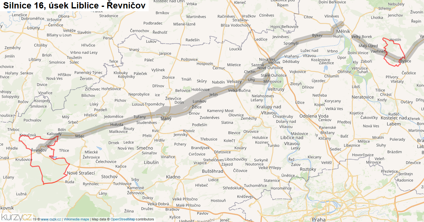 Úsek Liblice - Řevničov, Silnice 16 - Mapa