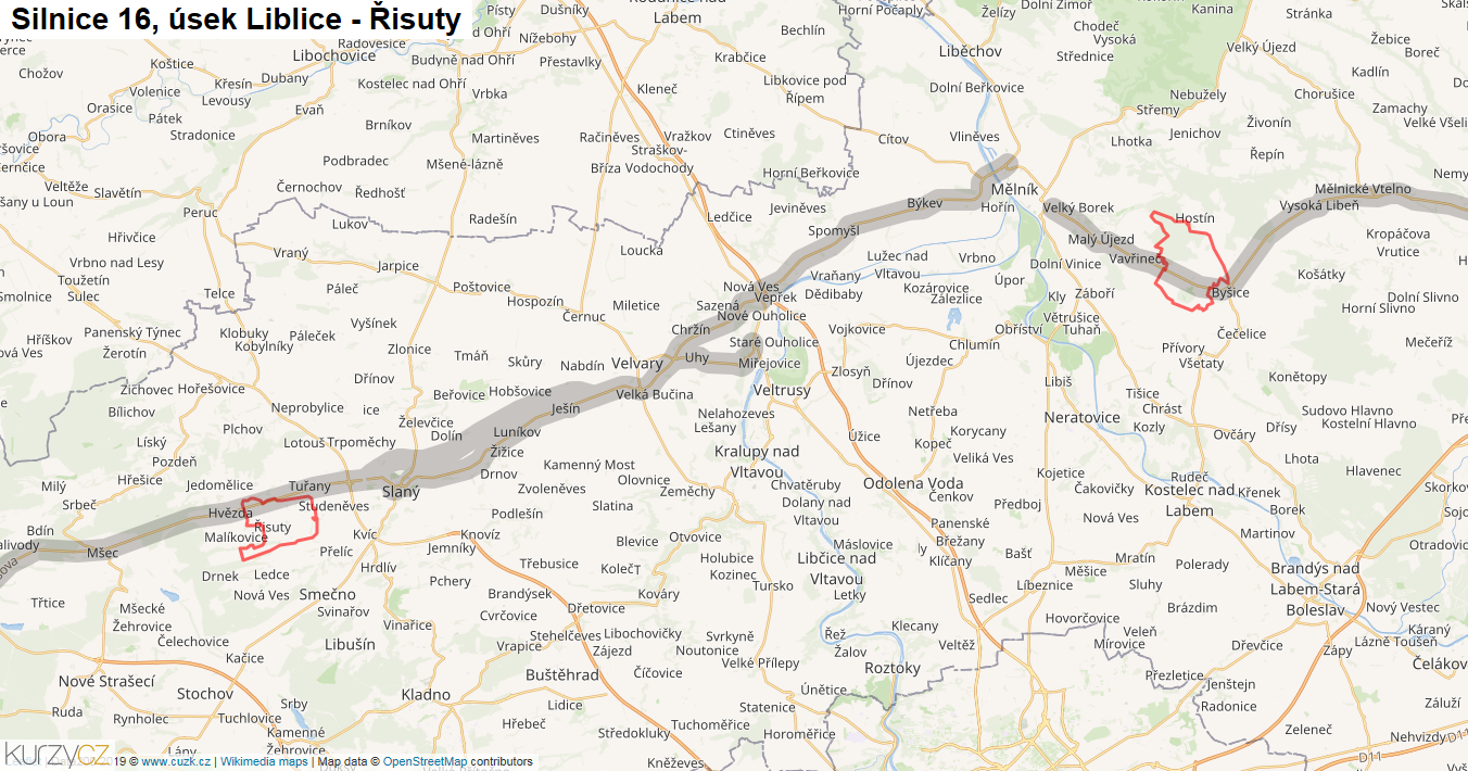Úsek Liblice - Řisuty, Silnice 16 - Mapa