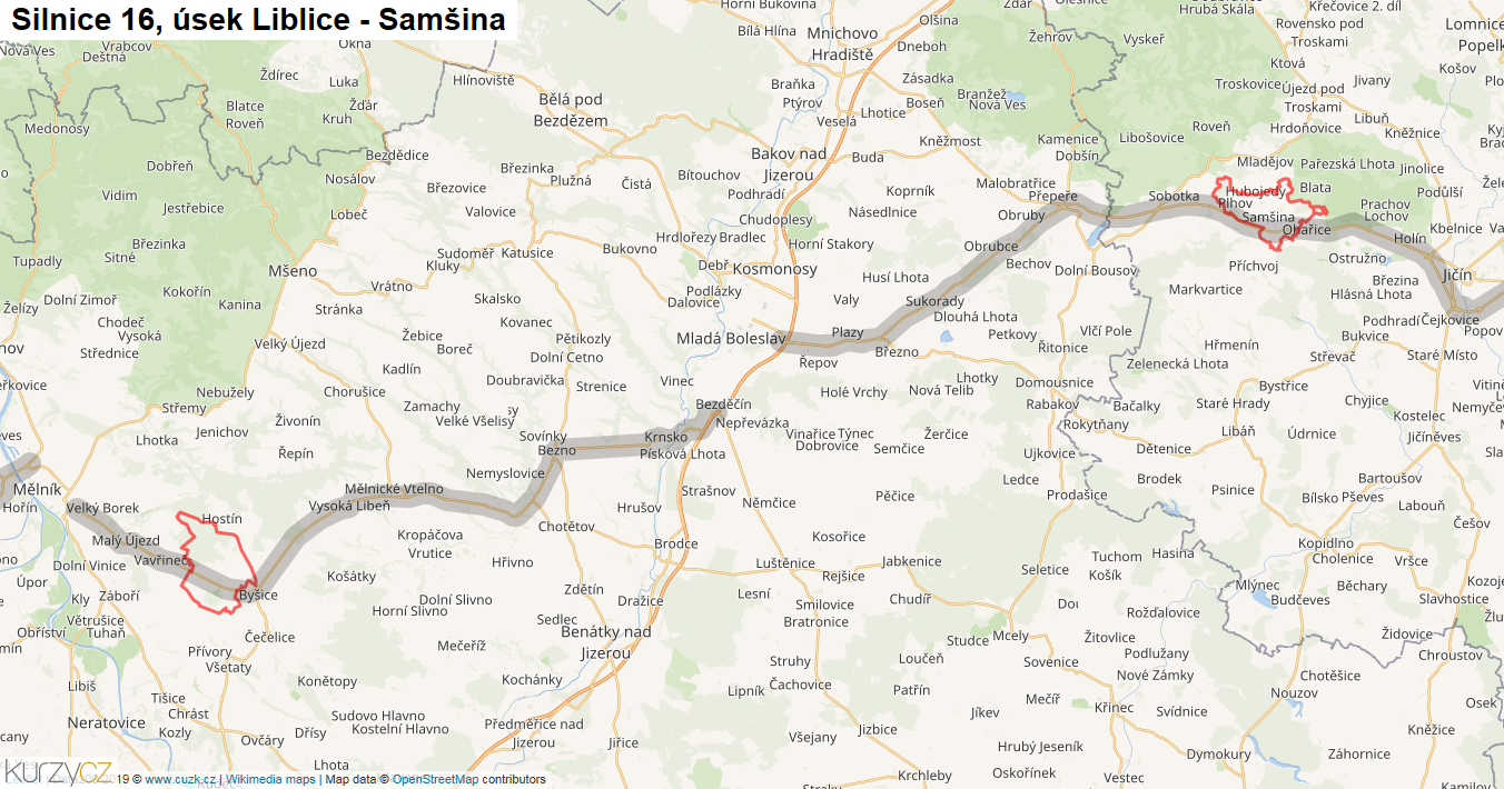 Úsek Liblice - Samšina, Silnice 16 - Mapa