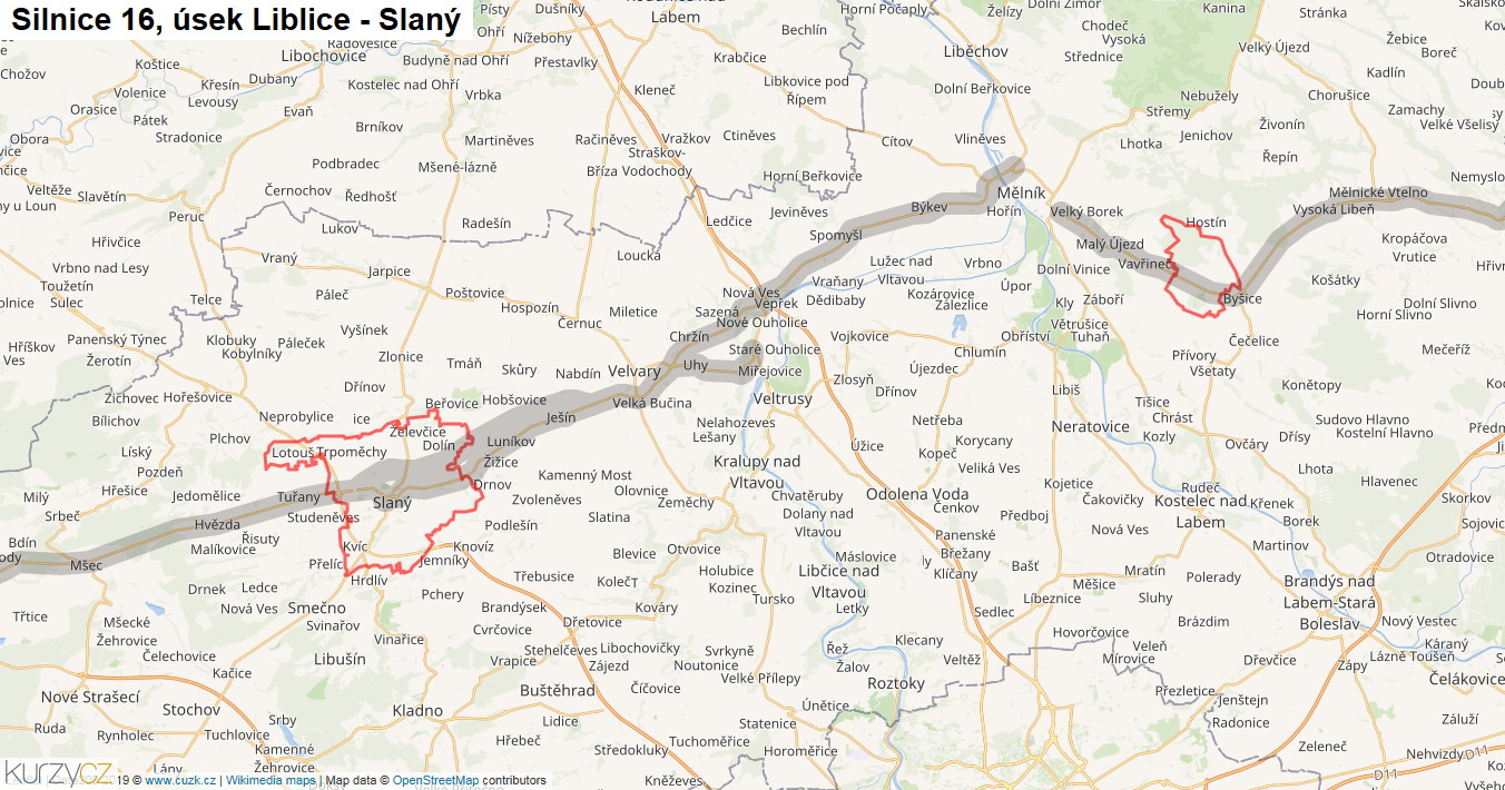 Úsek Liblice - Slaný, Silnice 16 - Mapa