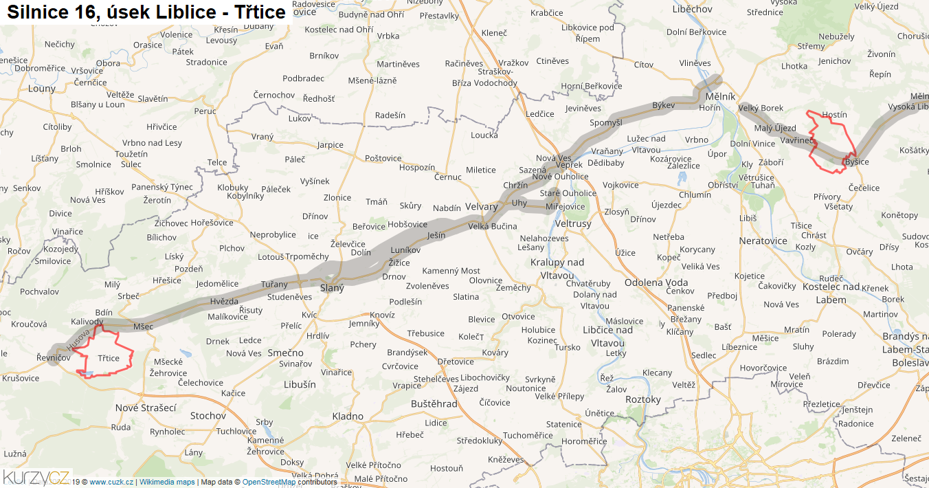 Úsek Liblice - Třtice, Silnice 16 - Mapa