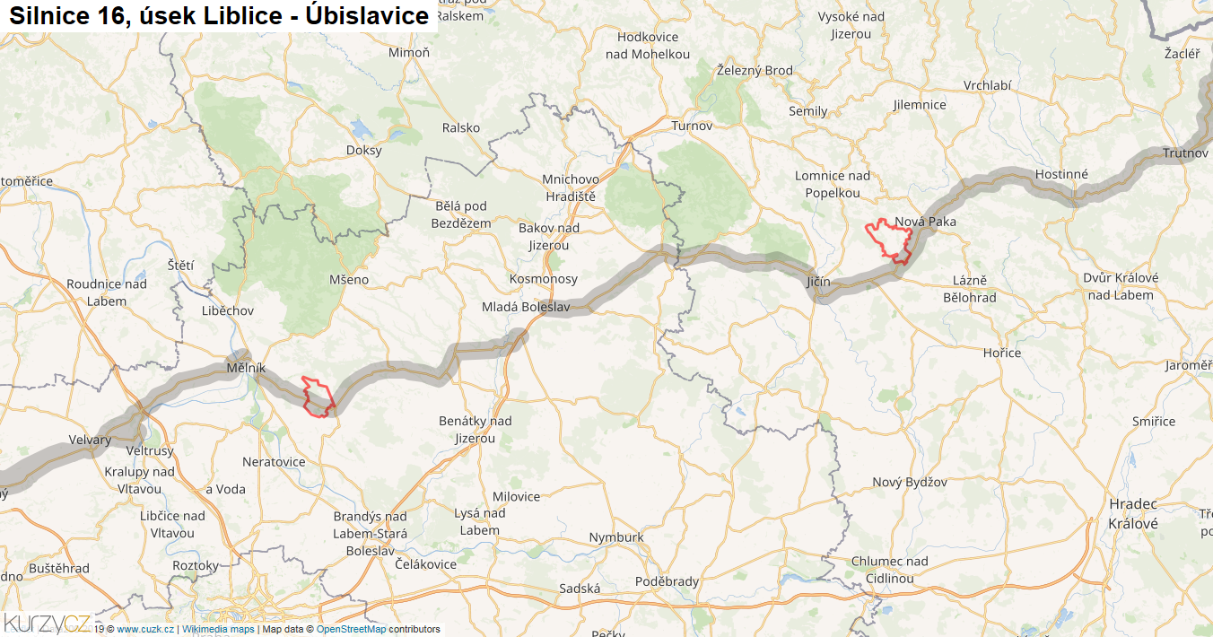 Úsek Liblice - Úbislavice, Silnice 16 - Mapa