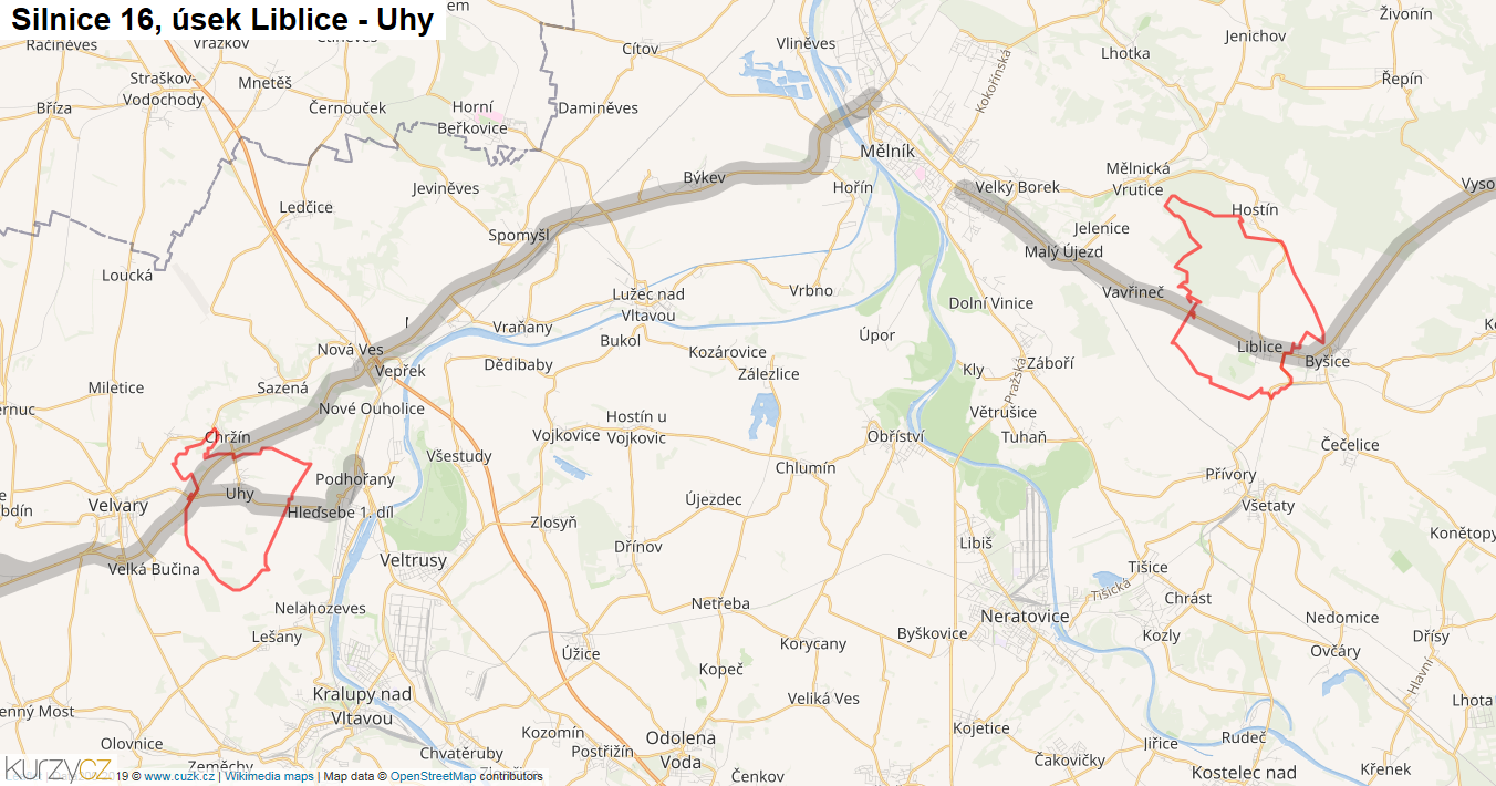 Úsek Liblice - Uhy, Silnice 16 - Mapa
