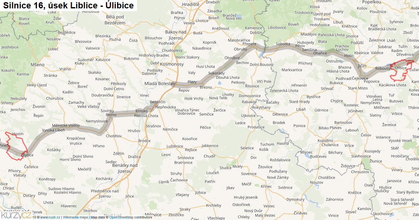 Úsek Liblice - Úlibice, Silnice 16 - Mapa