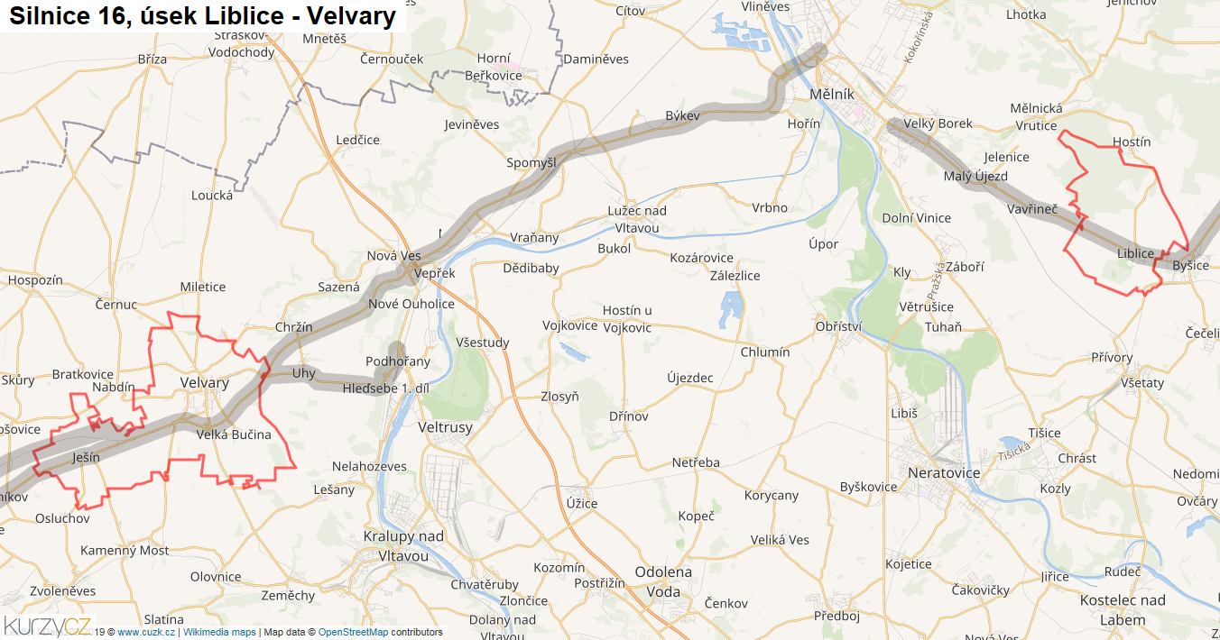 Úsek Liblice - Velvary, Silnice 16 - Mapa
