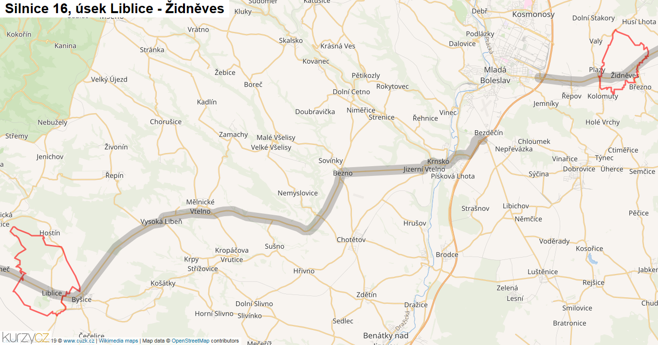 Úsek Liblice - Židněves, Silnice 16 - Mapa