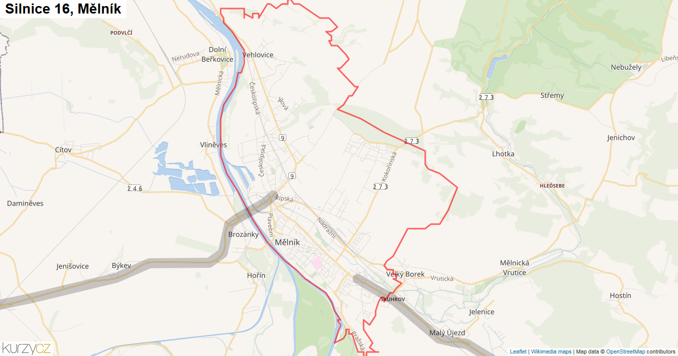 Mělník, Silnice 16 - Mapa