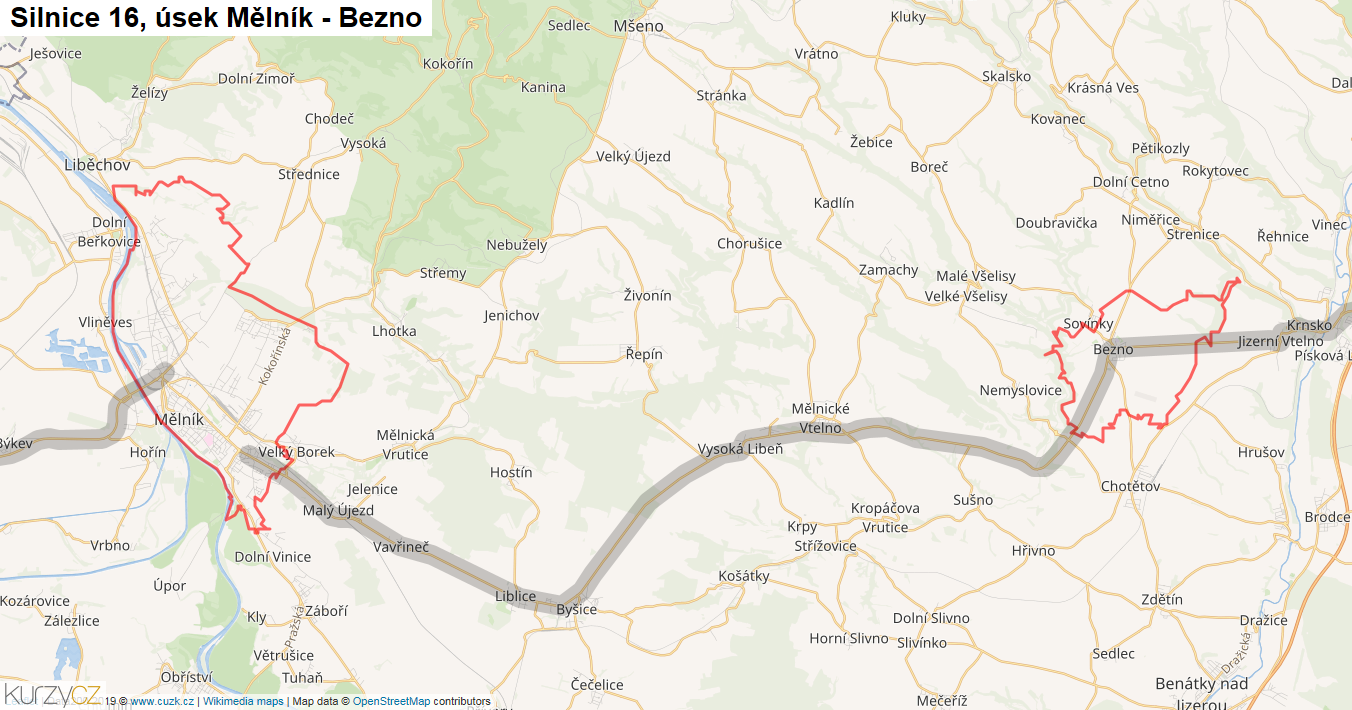 Úsek Mělník - Bezno, Silnice 16 - Mapa