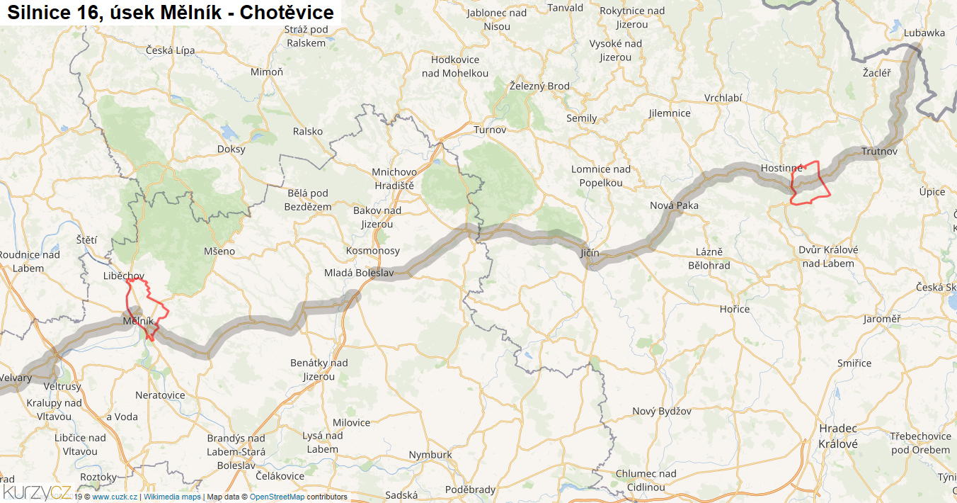 Úsek Mělník - Chotěvice, Silnice 16 - Mapa