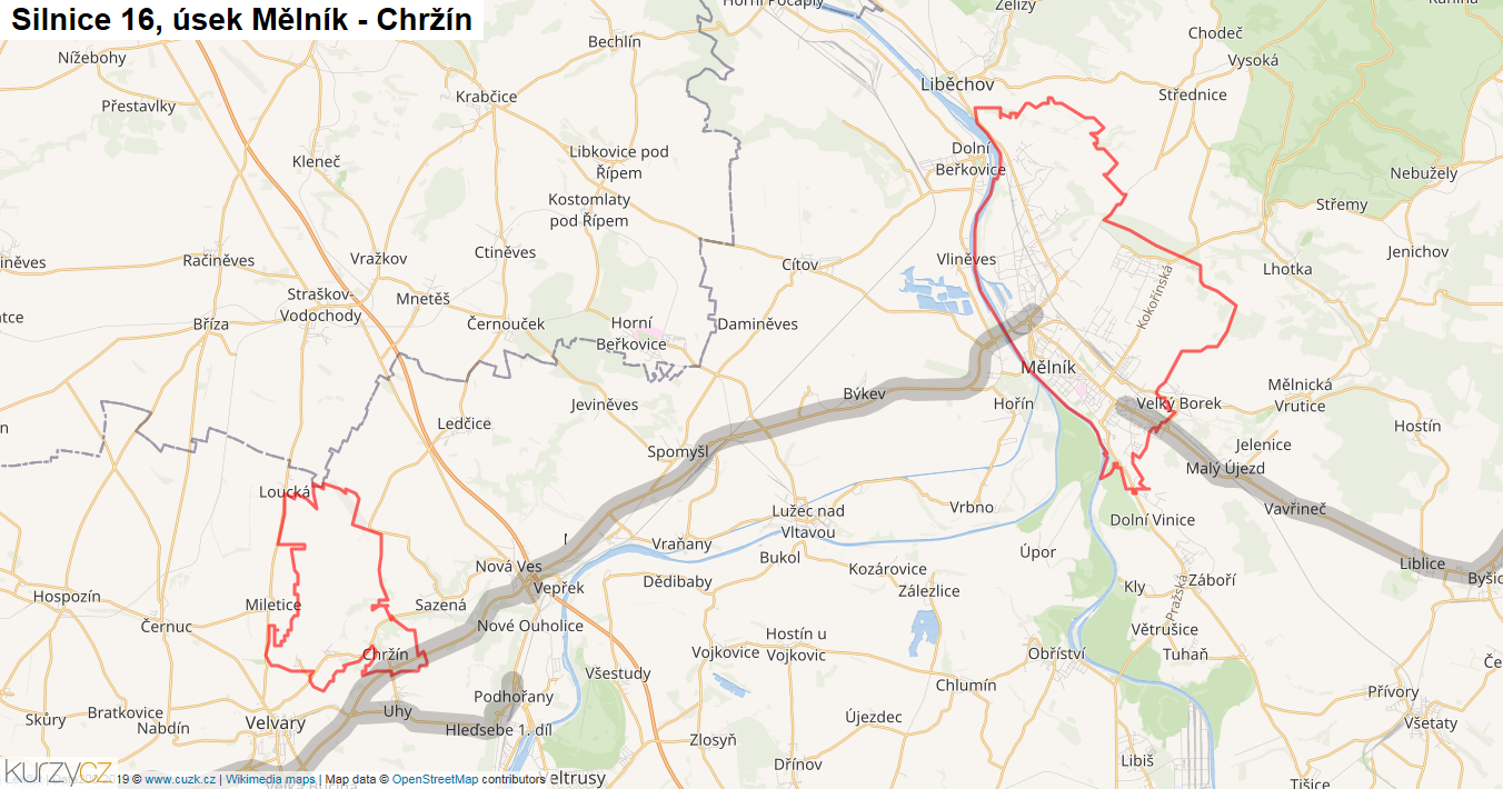 Úsek Mělník - Chržín, Silnice 16 - Mapa