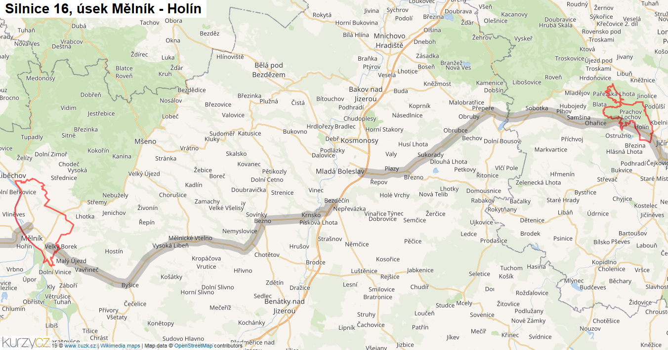 Úsek Mělník - Holín, Silnice 16 - Mapa