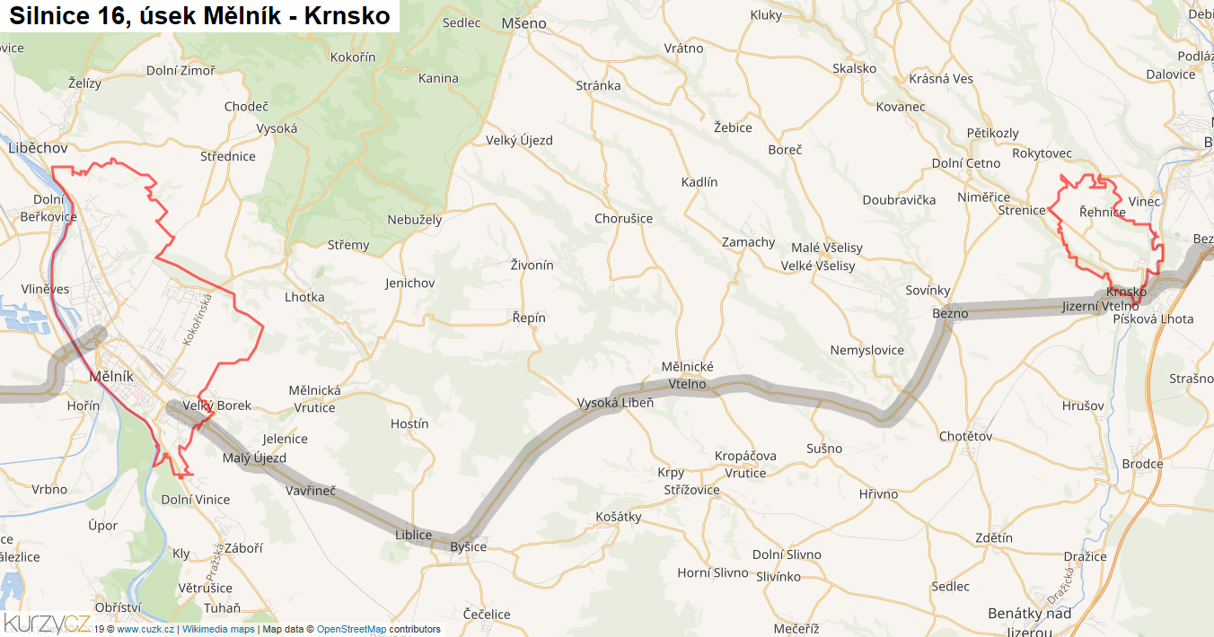 Úsek Mělník - Krnsko, Silnice 16 - Mapa