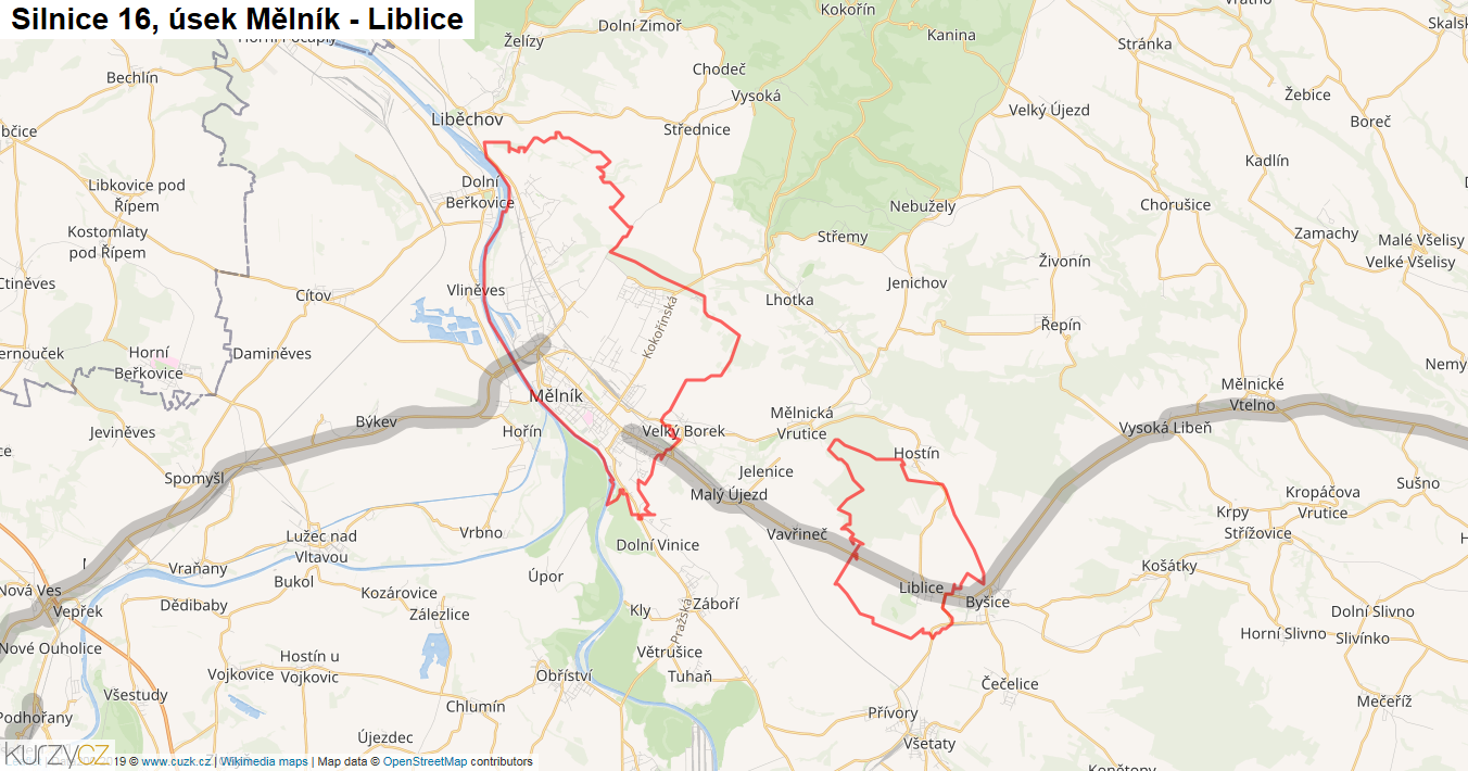 Úsek Mělník - Liblice, Silnice 16 - Mapa