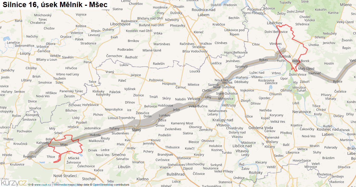Úsek Mělník - Mšec, Silnice 16 - Mapa