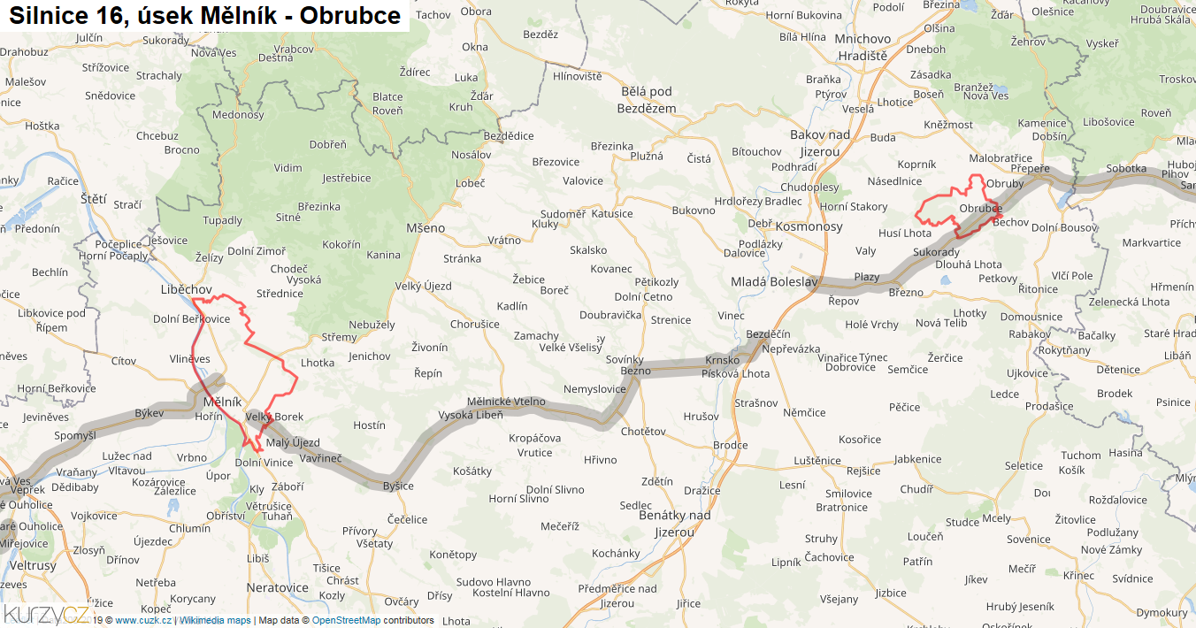 Úsek Mělník - Obrubce, Silnice 16 - Mapa