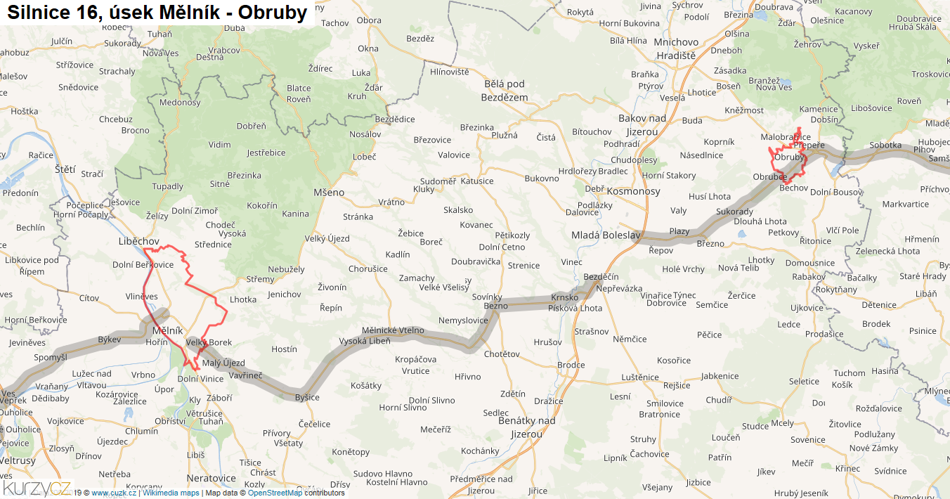 Úsek Mělník - Obruby, Silnice 16 - Mapa