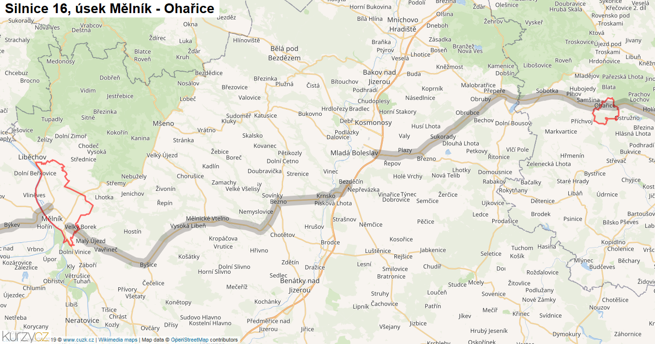 Úsek Mělník - Ohařice, Silnice 16 - Mapa